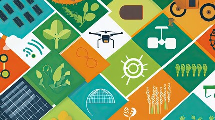 Modern agriculture mosaic: Drone, tractor, solar panel, and plant icons in geometric pattern