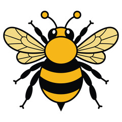 Cute cartoon bee with black stripes and yellow wings on white background