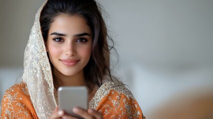 Young South Asian woman in traditional orange embroidered dress and white lace dupatta smiling while looking at smartphone screen, representing modern lifestyle with cultural elements.