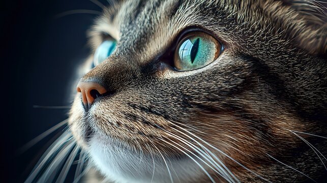 Close up portrait of gray cat with bright turquoise eyes and long whiskers against dark background, dramatic lighting highlights feline features and facial details. - Powered by Adobe