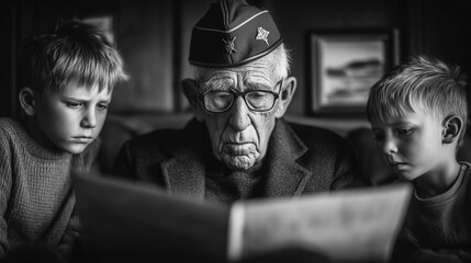 Veteran grandfather reading story to grandchildren black and white portrait
