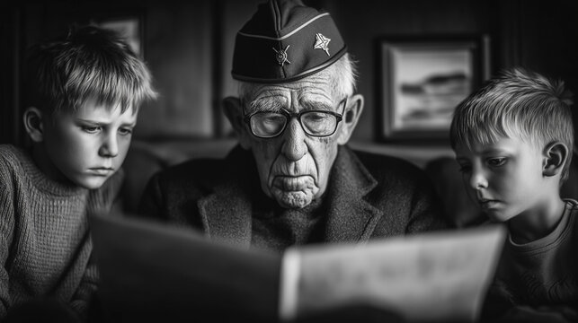 Veteran grandfather reading story to grandchildren black and white portrait