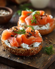 bagel with cream cheese and smoked salmon, gourmet breakfast