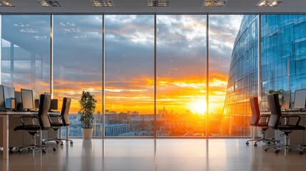 Fototapeta premium Sunrise in Modern Workspace: A stunning, expansive view through the vast windows of a contemporary office space, where a brilliant sunrise paints the sky in a blaze of vibrant colors.
