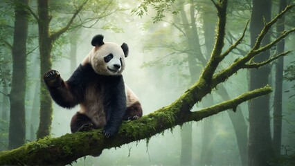 Obraz premium A friendly panda sits on a mosscovered branch in a misty forest, waving its paw in a welcoming gesture, showcasing its adorable black and white fur