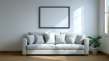 Modern white couch with soft pillows against plain wall with empty black frame and potted plant, minimalist scandinavian interior design for living room space.