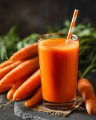 glass of fresh carrot juice with straw, healthy living concept