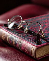 pair of reading glasses folded on hardcover book, elegant detail