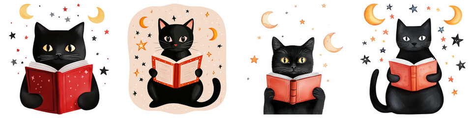 Black cat watercolor art for Halloween, Four black cats reading red books under crescent moons and stars, depicted in a whimsical, magical style.
