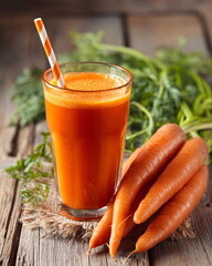 glass of fresh carrot juice with straw, healthy living concept