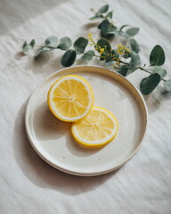 simple ceramic plate with lemon slices, fresh and clean style