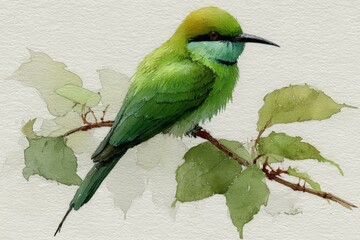 Vibrant green bird perched on a branch surrounded by leaves during daylight