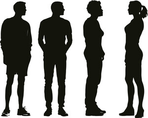 black and white hand-drawn human silhouette group — 4 minimalist icons depicting diverse postures and fashion styles