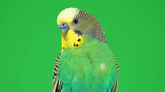 Budgerigar Portrait: Green and Yellow Parrot on Green Screen