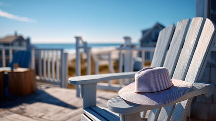 Adirondack chair on coastal deck, sun hat resting on arm