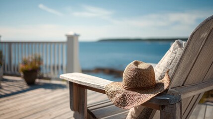 Adirondack chair on coastal deck, sun hat resting on arm