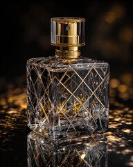 elegant glass perfume bottle with gold cap, luxury product shot