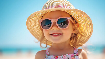 A young girl wearing a pink hat and sunglasses is smiling at the camera