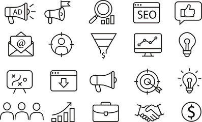 Modern Digital Marketing and SEO Icon Set – Business Funnel, Target Ads, Data Analytics, Strategy Symbols for Web and UI Design