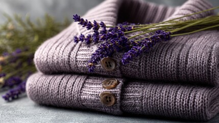 Cotton cardigan folded with lavender sprigs, bottom corner, clean slate background