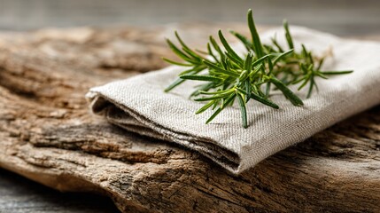 Folded linen napkin and a sprig of rosemary on a driftwood table, copy space at top