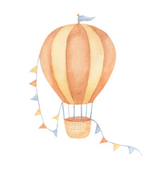 Watercolor vintage beige hot air balloon with flags garland. Hand drawn isolated illustration for kids. Cute drawing