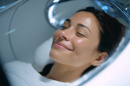 Hyperbaric oxygen therapy for wound healing and life longevity. Person using HBOT chamber for skin rejuvenation	