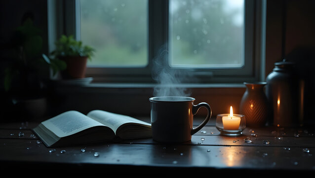 A moody indoor scene on a dark wooden table. A steaming mug of black coffee sits next to an open book generate AI