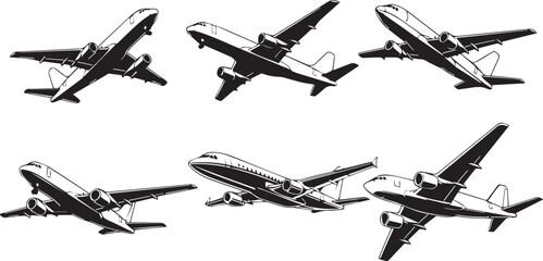 set of silhouettes of airplanes, icons of plane, black and white airplane illustrator vector isolated white background, png background airplane