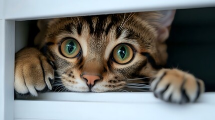 Curious Bengal cat with bright green eyes peeks through narrow opening, showing paws and intense gaze in dramatic close-up composition.