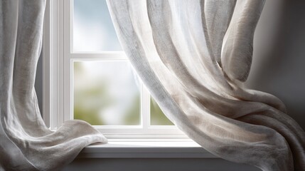 Open window with linen curtain blowing in breeze, clear wall space for copy