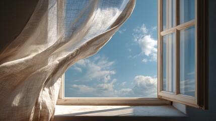Open window with linen curtain blowing in breeze, clear wall space for copy