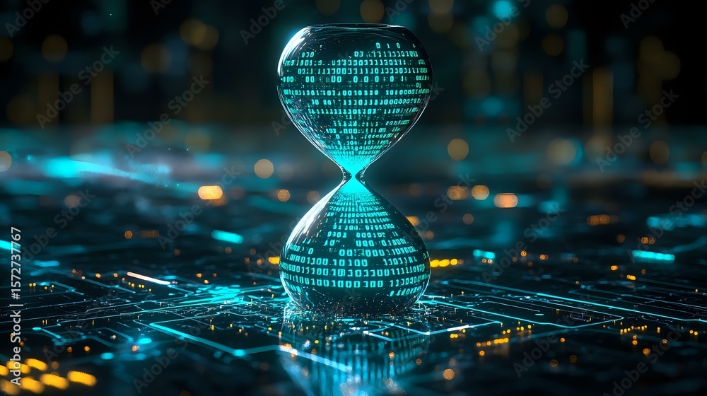Poster digital hourglass with binary code flowing through it on circuit board background with glowing cyan 