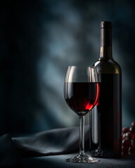 glass of red wine with bottle, dramatic low-key lighting
