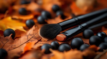 Professional makeup brushes with black bristles on autumn maple leaves background with scattered black decorative beads creating seasonal beauty composition.