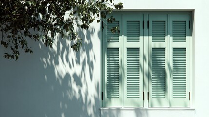 Pale green shutters on white cottage wall, shadows of leaves dancing