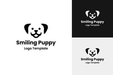 Cute pet logo design with smiling puppy face vector symbol illustration