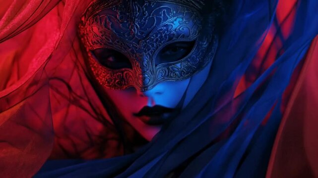 Mysterious Woman in Venetian Mask Surrounded by Red and Blue Veil

