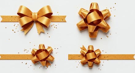 Golden gift bows on white background