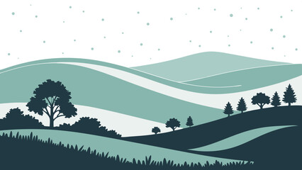 Obraz premium Vector Abstract landscape features soft muted green hills and trees, creating serene atmosphere