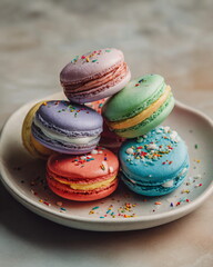 plate of colorful macarons, pastel dessert styling