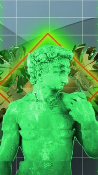 Green statue with grid lines and geometric shapes, futuristic animation background