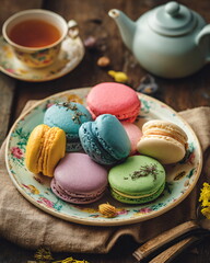 plate of colorful macarons, pastel dessert styling