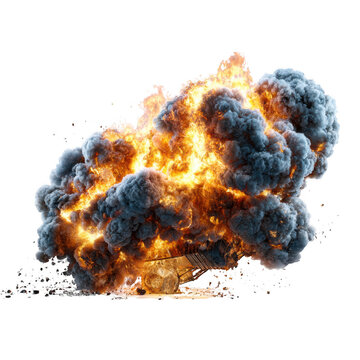 Intense vehicle explosion with fiery blast and dark smoke against black background