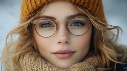 Young woman wearing glasses and orange knit beanie with blonde wavy hair, natural makeup, and cozy winter sweater in soft focus portrait against blurred background.