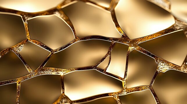 Shattered golden glass pieces create abstract geometric pattern with sharp edges and metallic reflections, dramatic lighting highlights fracture lines and textures.