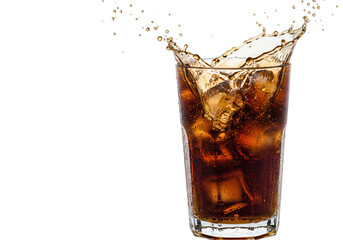 A refreshing glass of cola with ice cubes creates a dynamic splash against a clean transparent background