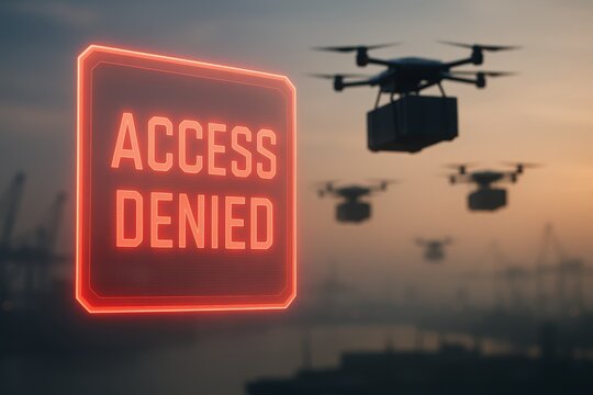 Glowing access denied hologram with autonomous delivery drones in a futuristic sky