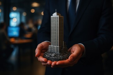 Businessman in a suit holding a miniature modern skyscraper model in his hands