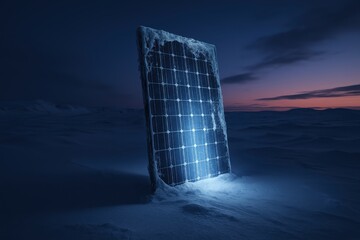 Modern solar panel in frozen arctic landscape with blue light for sustainable energy